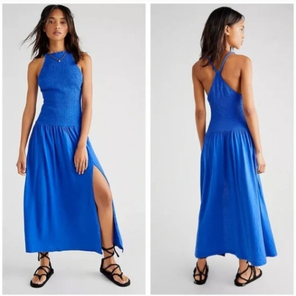 NWT Free People Beach Blue Smocked Halter High Neck Maxi Long Dress Size XL - Picture 1 of 11